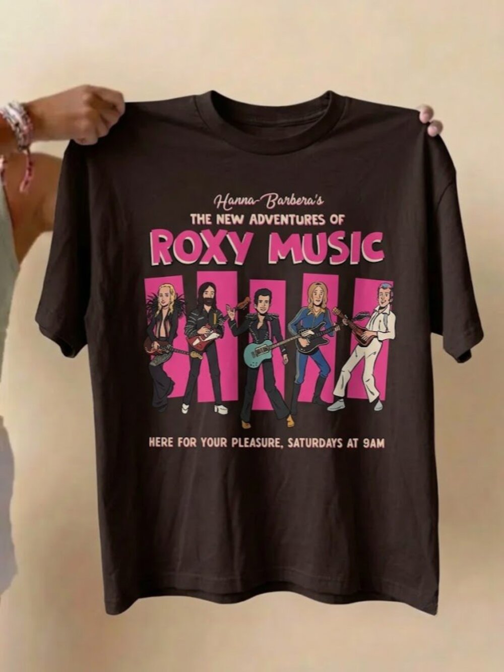 Roxy Music Graphic T-Shirt, Brown Retro Glam Rock Band Tee Y2K Style